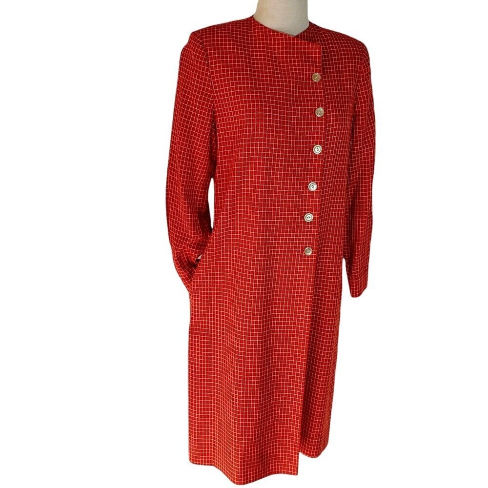 Vintage 80s Red Linen Blend Plaid Coat Dress Sz 10 Asymmetrical Power Midi